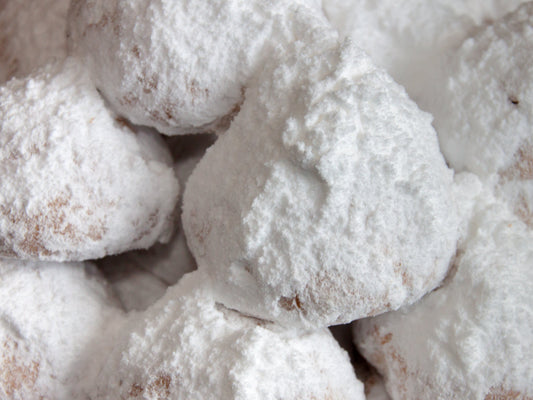Zymi kourabiedes, Greek almond shortbread biscuits dusted with icing sugar