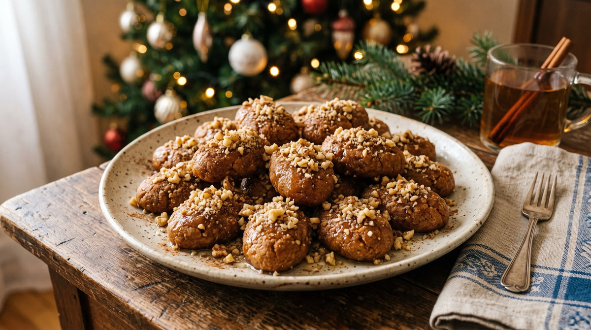 A plate of melomakarona honey cookies by the Christmas tree, with a blue and white napkin