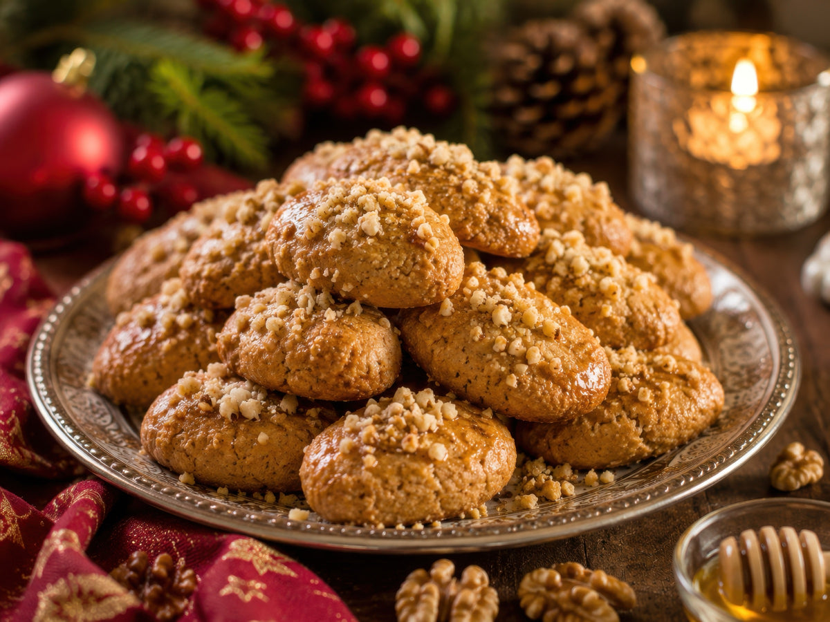 A pile of glossy melomakarona with walnuts, honey and Christmas baubles